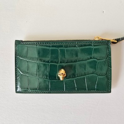Alexander McQueen Croc-Embossed Leather Skull Card Holder Green