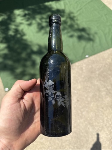 Antique Black Glass Bottle Late 1800s Acid Etched Bottle Dark Glass
