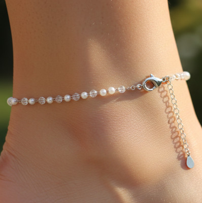 Boho Minimalist White Pearl Beaded Chain Anklet for Women Silver Tone Plated
