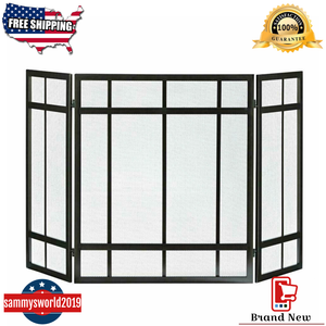 3 Panel Fireplace Screen Black Mission Style Hearth Cover Metal
