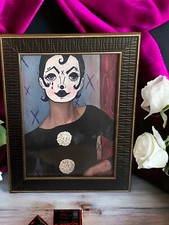 Pintura Original Mimo Payaso Mujer Roble Arte Enmarcado Circo Dama Maquillaje Rareza