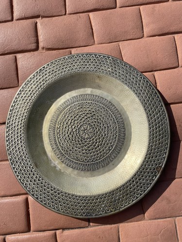 Vintage Heavy Hand Hammered Etched 23.5” Bronze Middle Eastern or Asian Platter