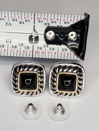 Retro Pierced Earrings 0.5in Silver Tone Faux Onyx Square Gold Trim Rope Estate