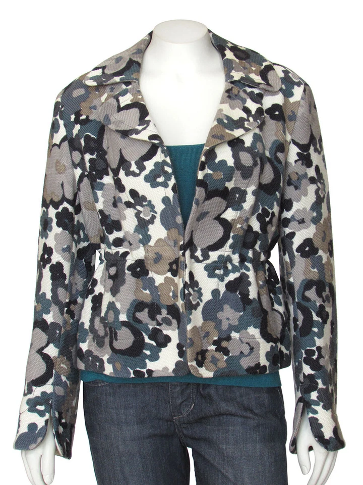 AKRIS PUNTO Jacket sz 10 US/42 F/40 D Taupe/Teal Multi Floral Woven Wool Blazer - Image 2 of 4