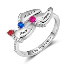 Engraved Mother's Day Foot Birthstone Ring 3 Birthstone 3 Names Sterling Silver