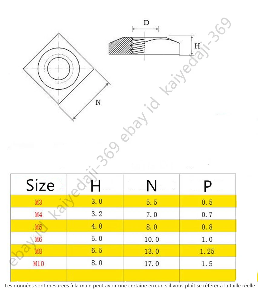 Noir 304 écrou carré en acier inoxydable M3 M4 M5 M6 M8 M10 M12 - Photo 4/4