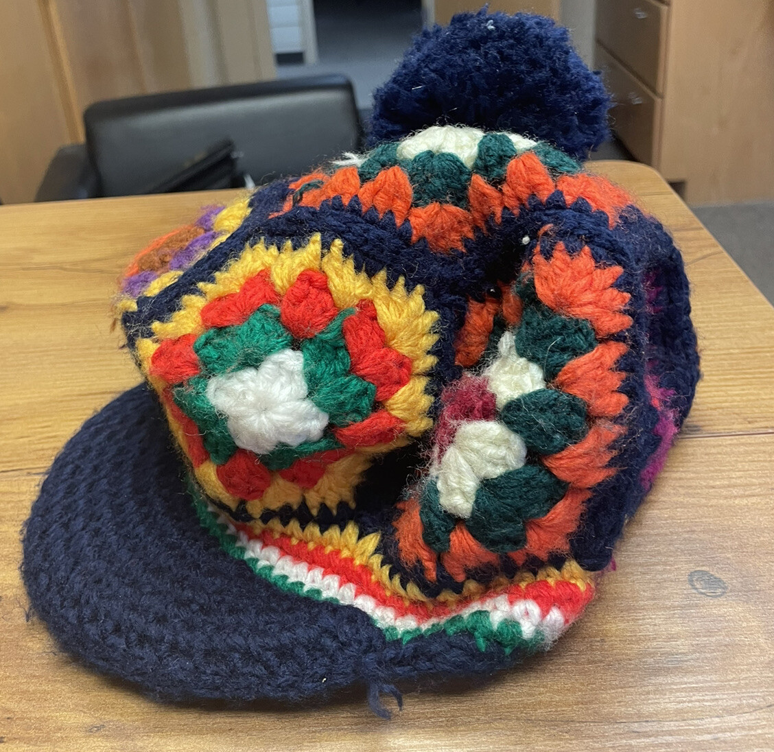 Vintage Betmar Granny Square Crochet Hat Pom Pom 70s Multicolor Wool Newsboy Cap 70s Pom Pom Hat - Etsy main image 3