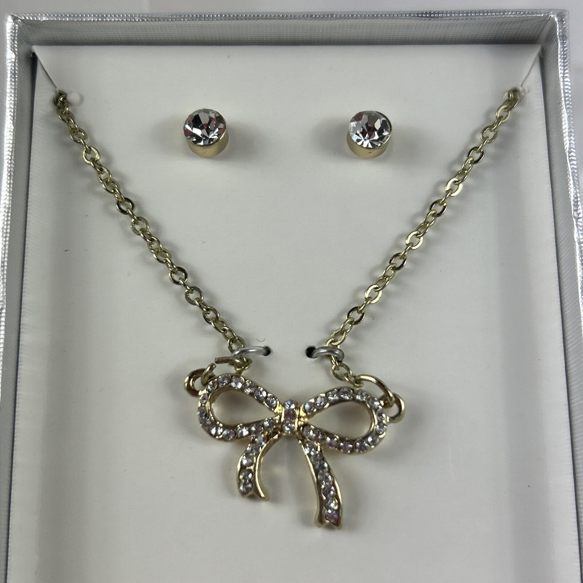 Ribbon Bow Pendant Necklace And Stud Earrings Set Clear