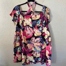 ASOS Black Off Shoulder Halter Pink and Yellow Tropical Floral Dress Size 14