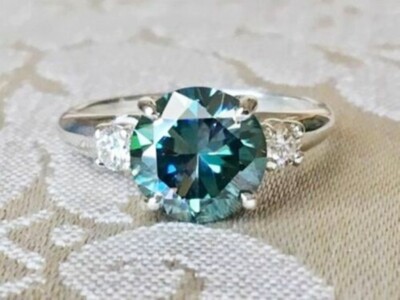 Round Aqua Blue Lab-Created Diamond Stone Engagement Ring In 14K  W/Gold