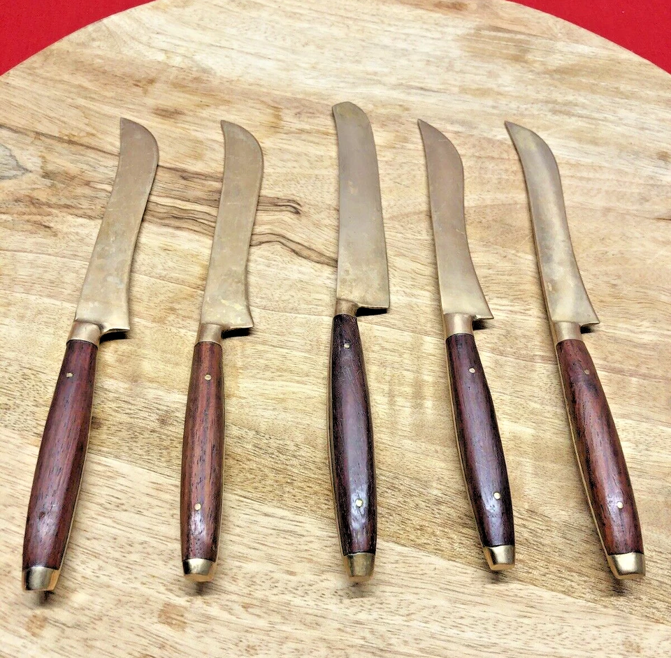 Antique Colonial Gold Tone Knives Handmade Brass England Steak Butter NICE! - Image 2 of 4