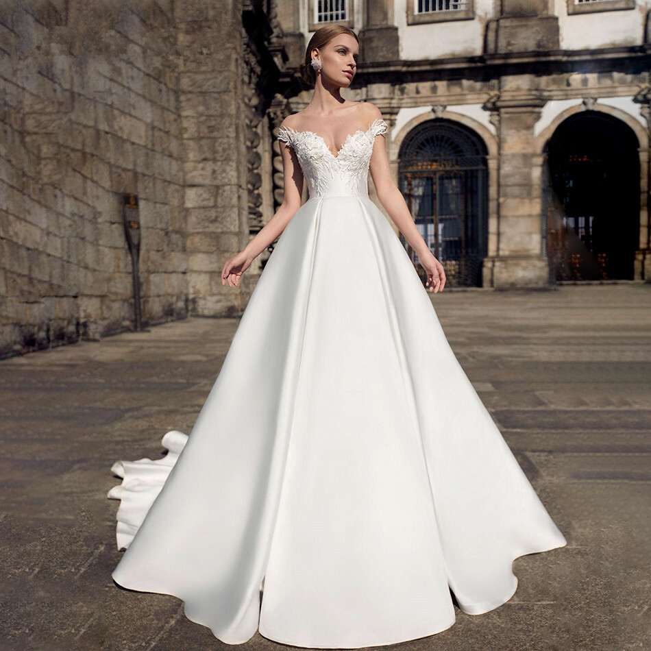 Off The Shoulder Satin Appliques A Line Wedding Dress White Ivory Bridal  Gown | eBay