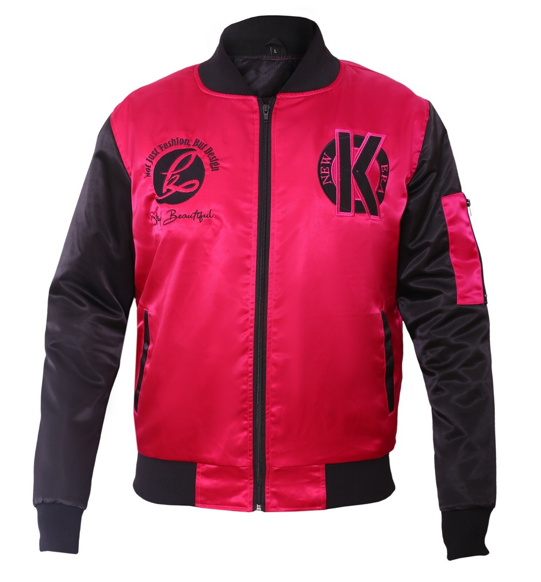 Satin Black and Red Varsity Letterman Baseball Jacket (Women)