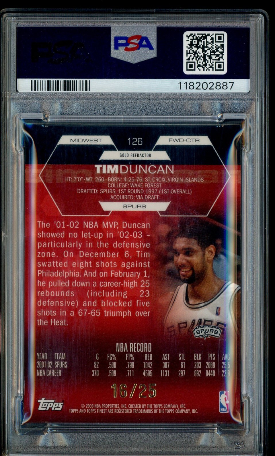 2002-03 Topps Finest Gold Refractor Tim Duncan HOF GU Jersey Patch /25 PSA 9 view 2