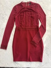 Windsor Burgundy High Neck Lace Trim Long Sleeve Bodycon Mini Dress S