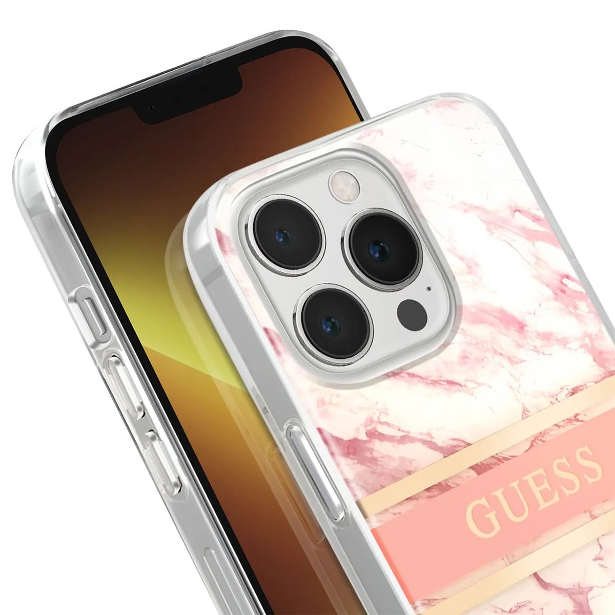 Coque iPhone 13 Pro Guess antichoc marbre rose avec cordon de transport