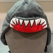 Grey and red shark hoodie/hat with adjustable strap