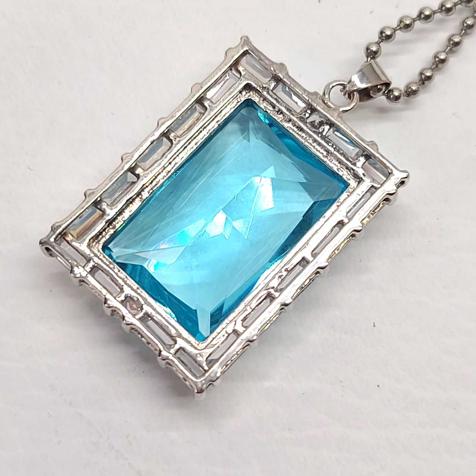 Large Aqua Blue Rectangular Crystal Pendant Neckl… - image 5