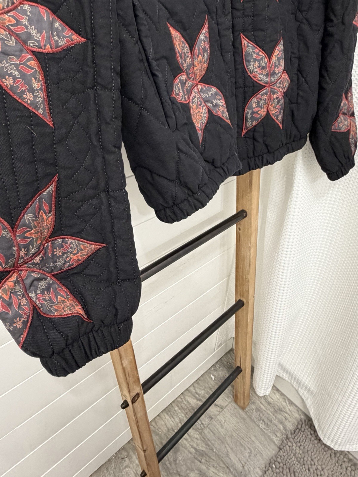 Quilted Jacket Patchwork Size M Button Down Black… - image 5