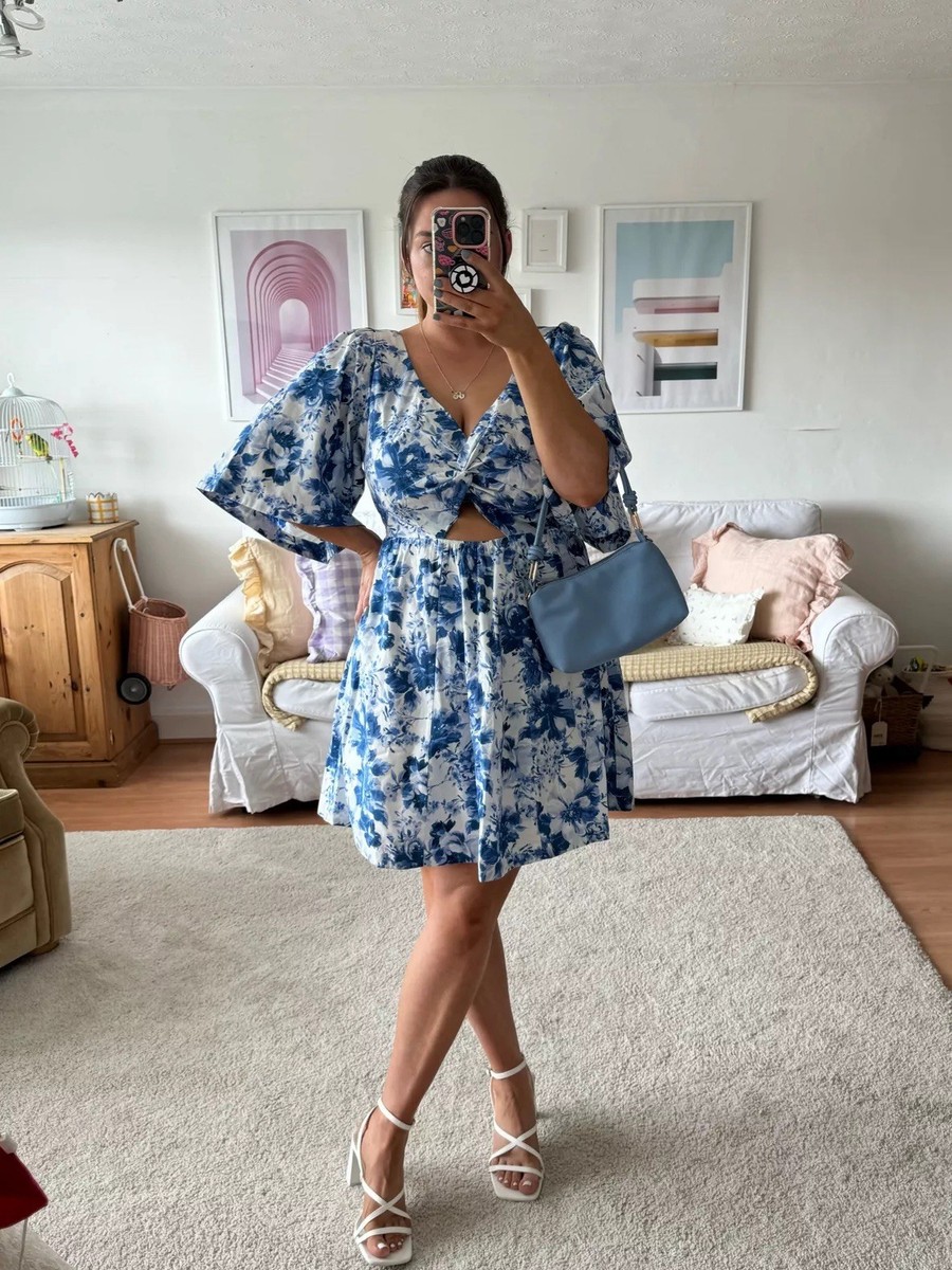 Abercrombie Fitch Blue Floral Poplin Cotton Cut Out Mini Dress M