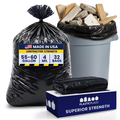 Plasticplace 55-60 Gallon Contractor Bags - Black, 4 Mil, 32 Count