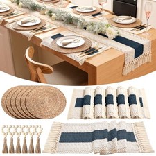Set of Table Runner and Placemats Boho Napkin Rings, Farmhouse Macrame 6 Blue