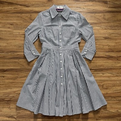 eliza j shirt dress Eliza J Women Blue White Stripe Cotton Button Fit Flare Pleated Shirt Dress  4
