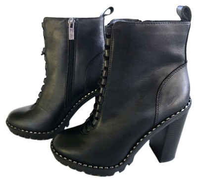 BCBGeneration Black Leather Combat Ankle Boots Lug Sole Block Heel Women's 7.5M