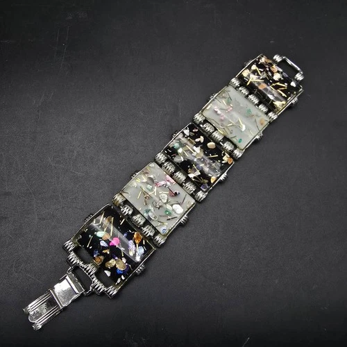 Vintage Black White Confetti Lucite Bracelet Costume Jewelry