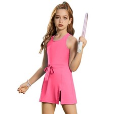 Girls Sleeveless Tennis Dress Tank Top Skorts Skirts High Waist Side Slit Out...