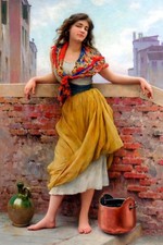 The Watercarrier 1908 Eugene de Blaas Woman Leaning Wall Painting Poster Print