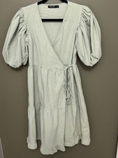 Nasty Gal Womens Linen Look Puff Sleeve Wrap Midi Dress Woman Size 4