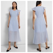 Theory Ruffle Sleeve Midi Dress Organic Cotton Size 4 Blue Fairy Cottagecore
