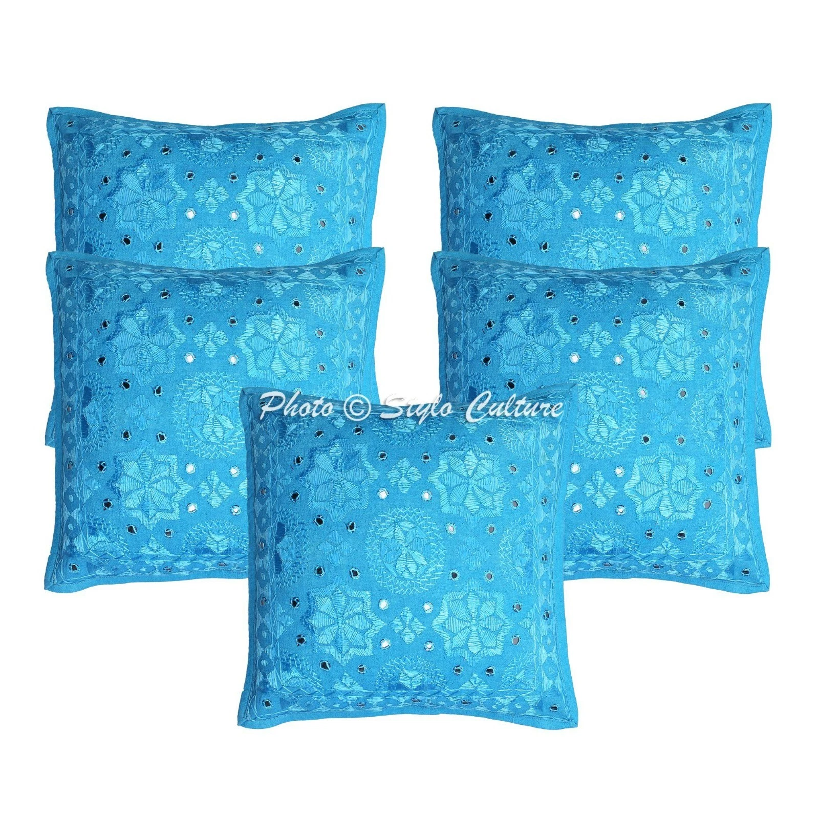 Boho Cotton Throw Pillow Covers Embroidered Turquoise Mirror Star Moon 40x40 cm