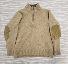 LL Bean 100 Wool Shetland Sweater Mens Large Tan 1/4 Zip Pullover Elbow Patch