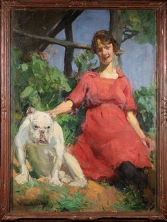 CASTELUCHO DIANA (1870 1927) GIANT SIGNED FRENCH OIL PORTRAIT GIRL WITH BULLDOG
