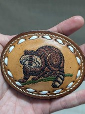 vintage RACOON belt buckle WESTERN handcrafted leather STITCHED cowboy