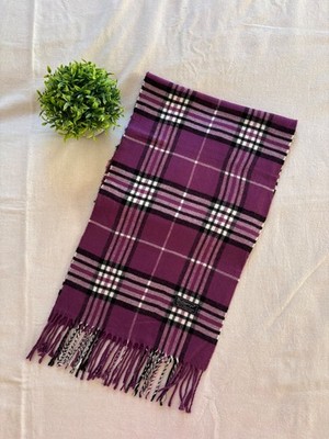 Burberrys of London Vintage Scarf 100% Lambswool Purple Check Plaid Made in Engl