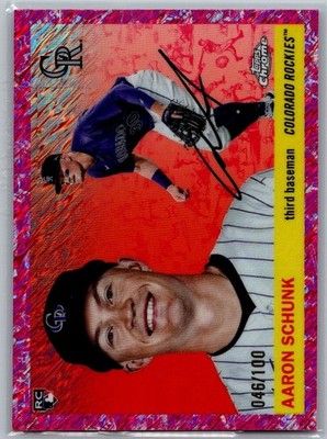 2025 Topps Chrome Platinum #386 Aaron Schunk RC Fuschia Shimmer Refractor #/100