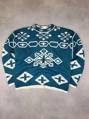 Pull Maille Vintage Réversible Wool Laine Bleu Blanc Motif Graphique Taille M - Photo 1/4