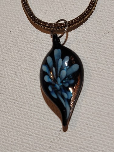Vtg Teardrop Pulled Glass Pendant MCM Blue White Silver Explosion Burst Necklace