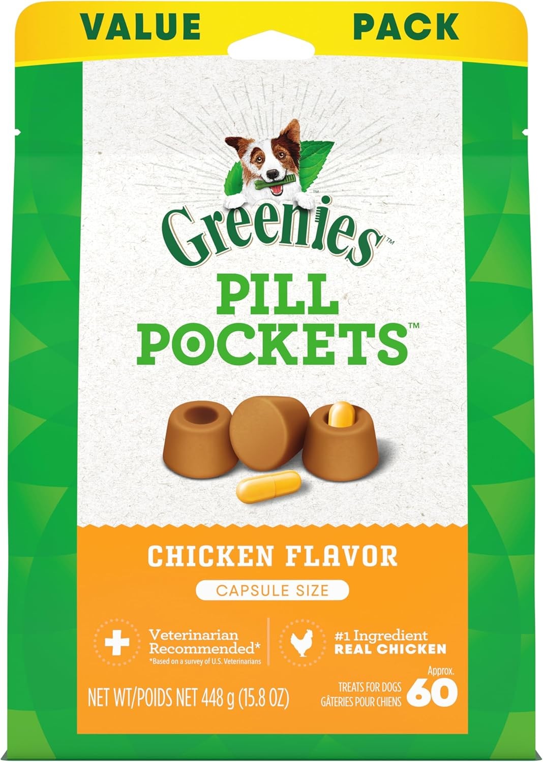 Natural Dog Treats, Chicken Flavor, Pill Pocket Capsule Size, 15.8 oz 60 Pack
