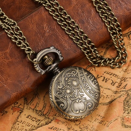 Antique Mini Tawny Glass Design Men Women Quartz Pocket Watch Necklace Chain - Picture 9 of 11