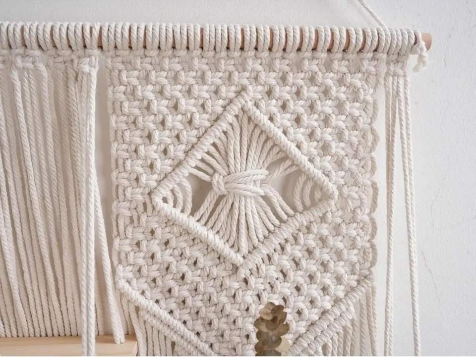 Macramé Colgante de Pared Crudo Tejido Madera Estante Flecos Madera Cuerda Colgador 20x37" Foto 3 de 4