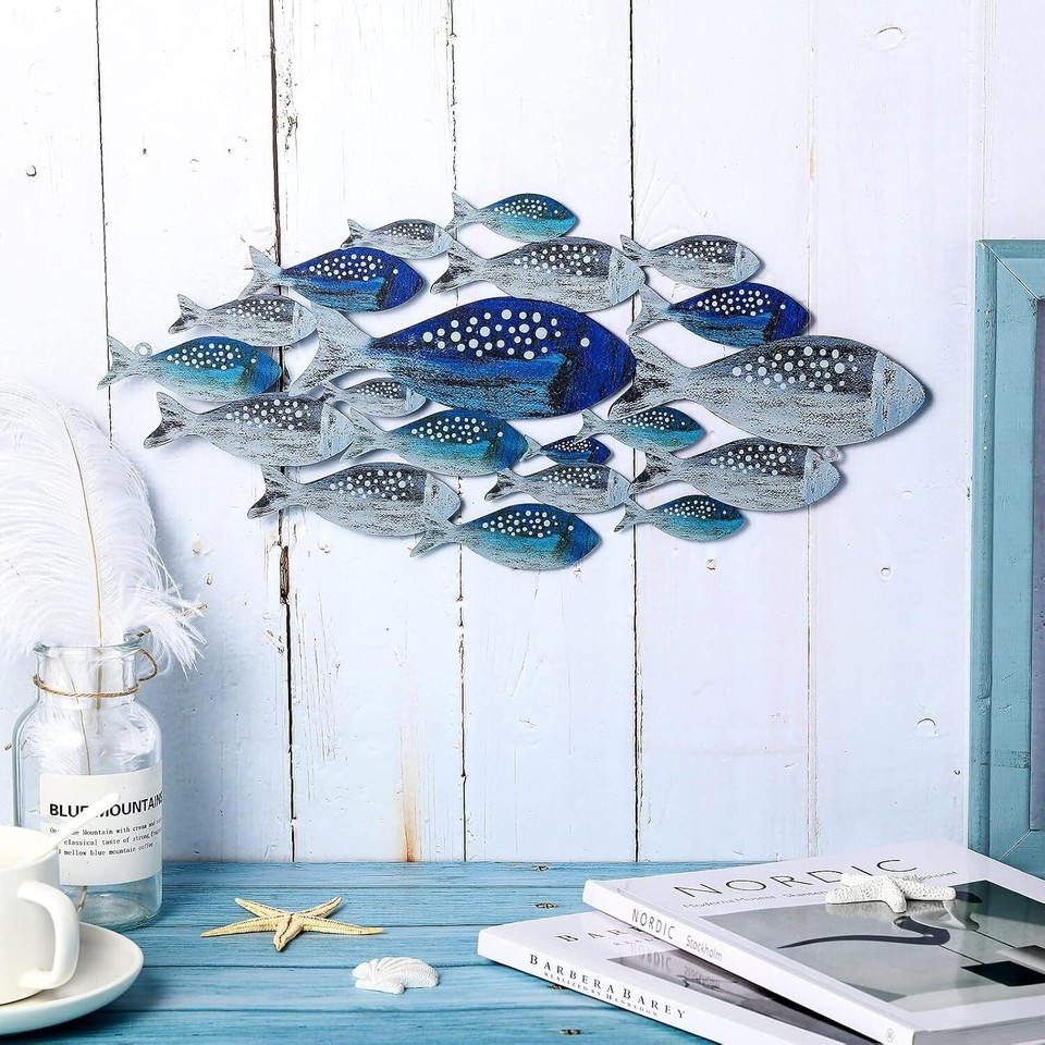 Décor Mural Poisson En Métal - Sculpture à Suspendre Style Marin, 15 X 7 Pouces, Couleurs Bleu/vert/argent