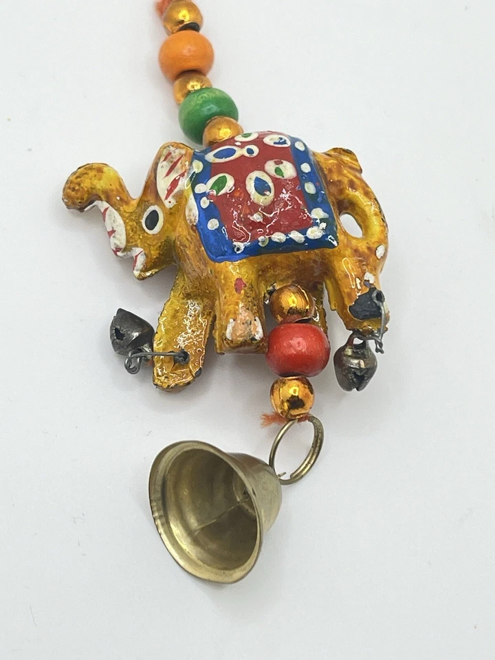 Hand Carved Painted Wood Elephant With Bell Lucky Key Chain India - Image 3 of 4