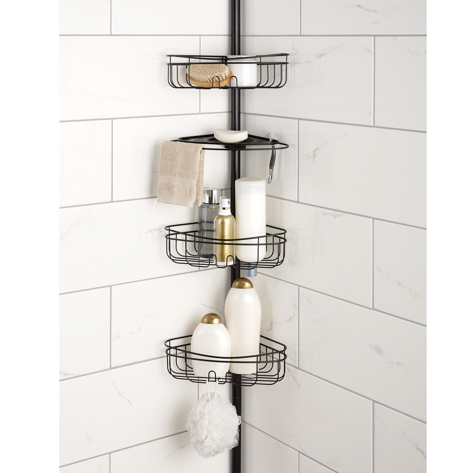 Mainstays 4-Tier Steel Pull-Up Shower Shelf with Basket and Soap Tray Holder