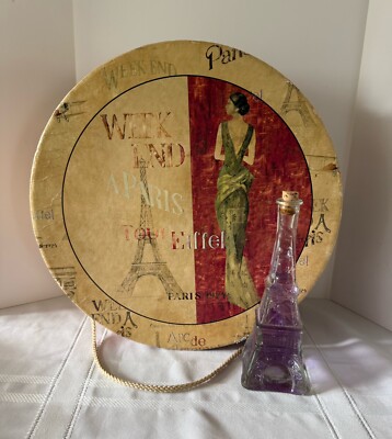 Clear 7  Eiffel Tower Glass Purple With Parisian Style Hatbox 12  Across 5  Tall