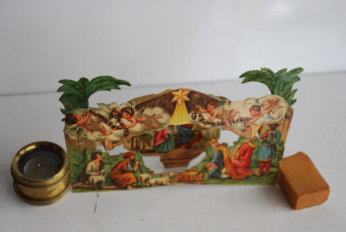 Antigua tarjeta de Navidad de belén 3D victoriano troquelado plegable a pie - Imagen 3 de 5