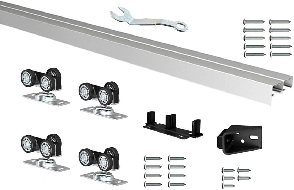 72 Inch Silver Box Rail Pocket Sliding Door Hardware for 2 Ceiling Mount Bypass Doors